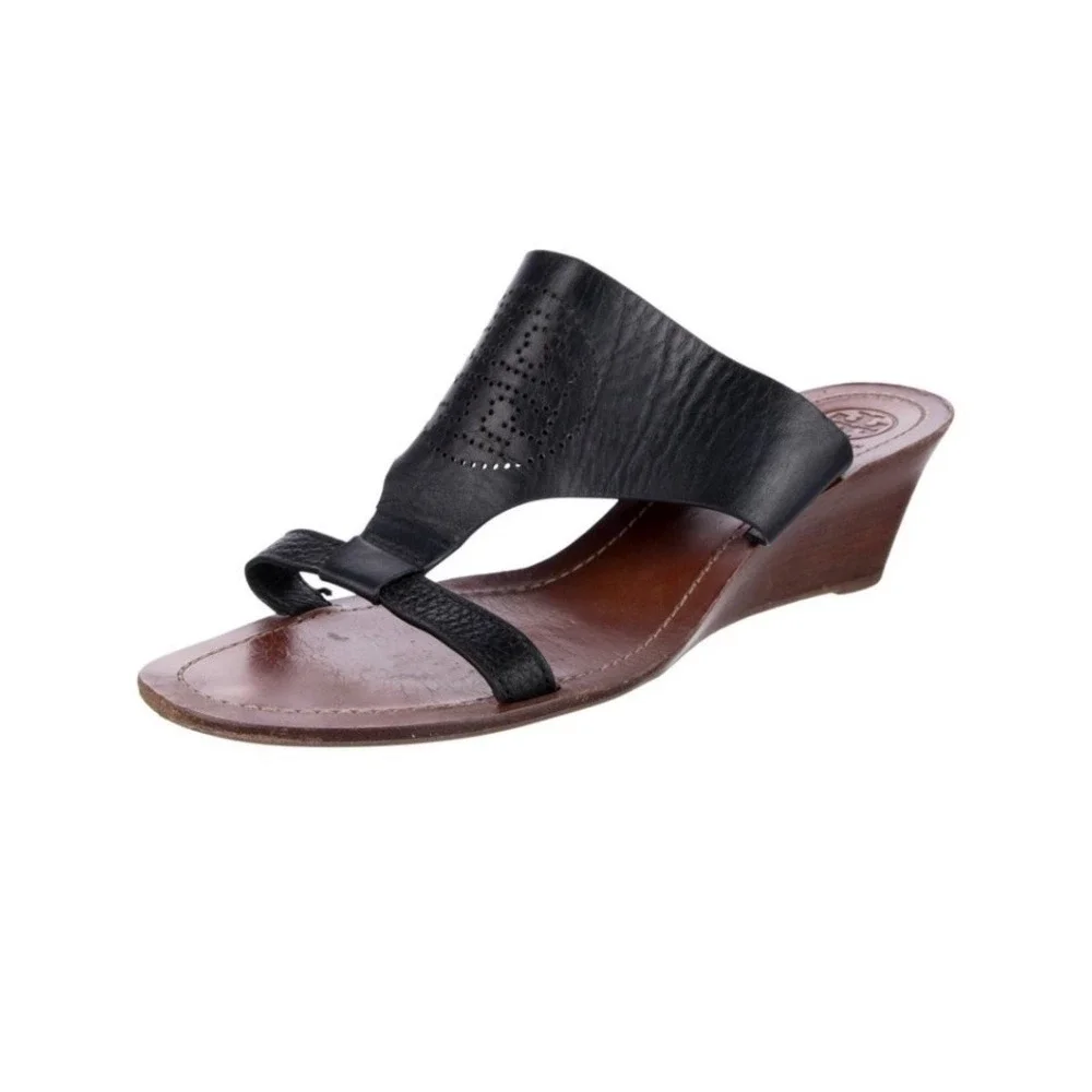 Tory Burch Wedge Sandals Women's Size 10.5 Black Good Laser-Cut Logo